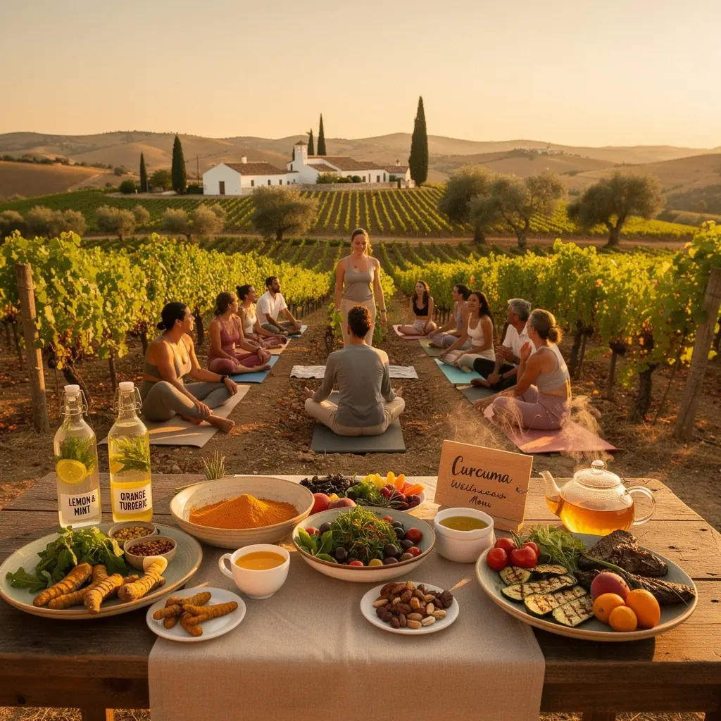 Botella de suplemento de cúrcuma sobre una mesa de madera.