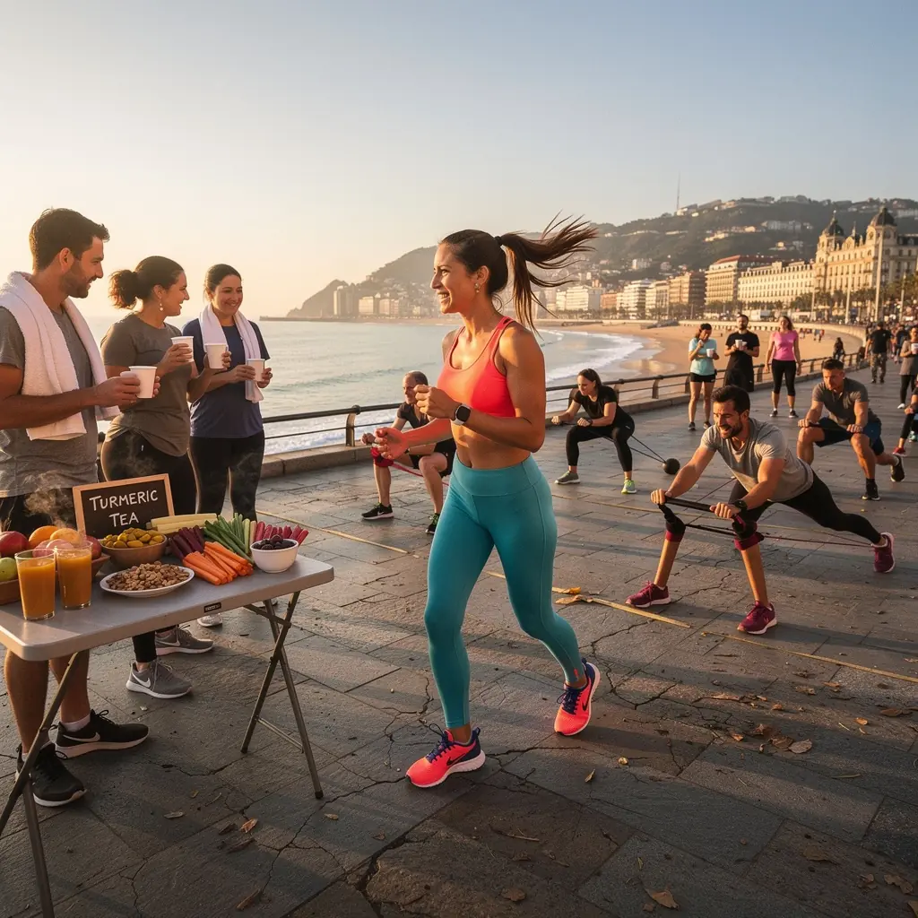 Taza de té de cúrcuma rodeada de frutas frescas y frutos secos.